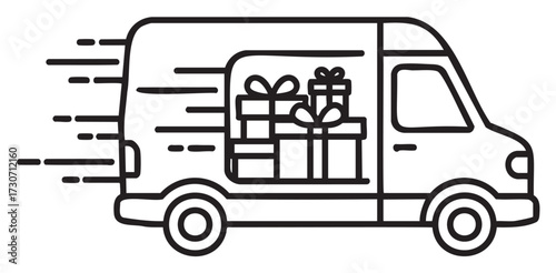 Black and white illustration of a delivery van with gift boxes - stock vector