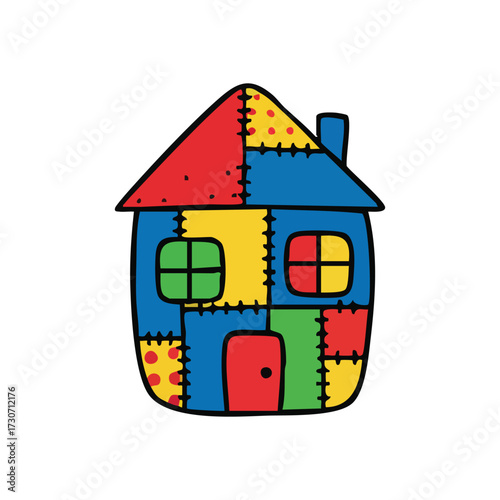Colorful Patchwork Home Illustration. Vibrant hand-drawn dwelling crafted from diverse fabric patterns. Evokes warmth, creativity, and the comfort of childhood memories.