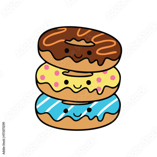 Sweet Smiling Doughnuts Stack. A delightful arrangement of three frosted snacks, adorned with pleasant expressions, symbolizing comfort and cheerful moments.
