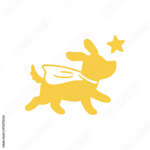 Yellow Hero Dog with Flying Star. A vibrant gold canine wearing a flowing cloak bounds energetically towards a bright celestial body. This adorable illustration signifies dreams, success, and joyful.