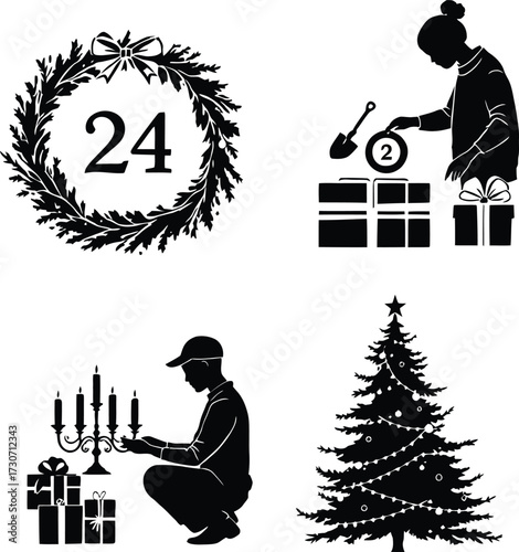 Christmas Silhouette Grid Vector Featuring Wreath, Advent, Candelabrum, and Decorated Tree in Black Line Art Style