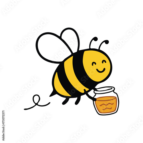 Sweet Bee Character Holds Honey Pot. The cheerful insect illustration radiates joy and the richness of nature's golden syrup. Ideal for designs symbolizing happiness.