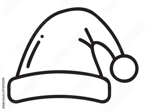 Simple black and white santa hat line art with pom pom - stock vector