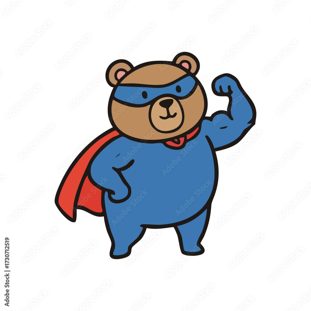 Fototapeta premium Mighty Cartoon Bear Hero Flexing Bicep. Charming animated grizzly portrays strength and courage, symbolizing resilience and protective power. Perfect for children's themes.