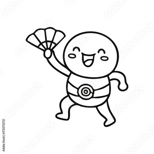 Joyful Kawaii Character with Fan. This cheerful doodle figure with a wide grin performs a spirited movement. It symbolizes delight, celebration, and playful festivity.