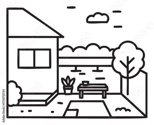Minimalist black and white illustration of a calm backyard scene with house, bench, and trees - stock vector