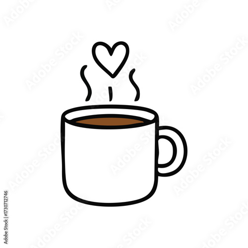 Cozy Coffee Mug with Love Heart. A charming cartoon image of a steaming hot beverage. This sweet illustration conveys warmth, comfort, and affection.