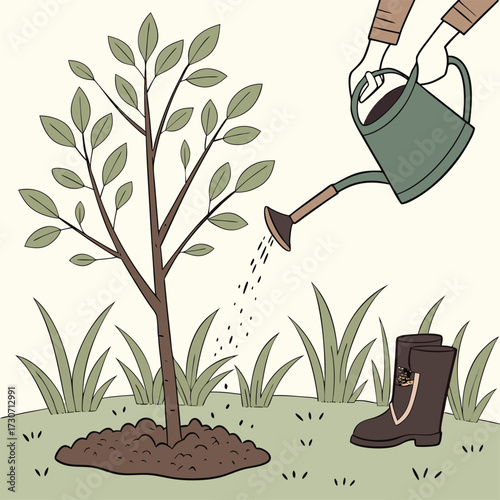 Gardening hands water young tree seedling growing plant new life nature concept isolated on transparent background