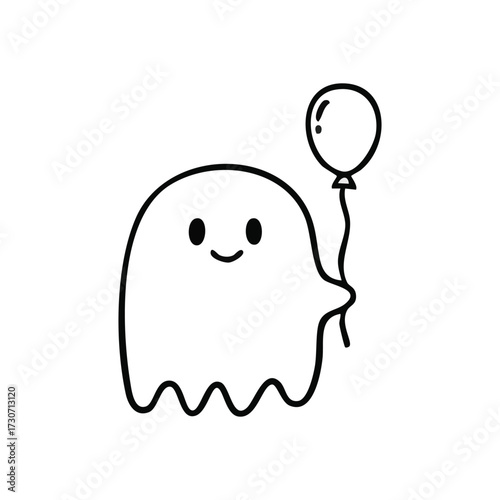 Cute Ghost Character with Balloon. Adorable spectral figure presenting a cheerful floating orb. This playful minimal line art embodies warmth, happiness, and whimsical innocence.