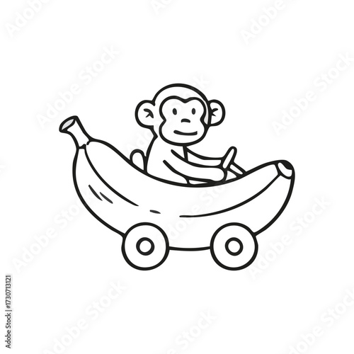 Monkey Driving Banana Car Doodle. This whimsical outline art depicts a cheerful primate operating a unique fruit automobile. It conveys childhood fun and playful imagination.