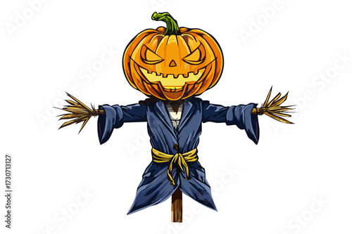 A spooky Halloween scarecrow with a glowing pumpkin head,  scary scarecrow with pumpkin head wearing coat, Spooky scarecrow with pumpkin head for Halloween designs and eerie autumn projects