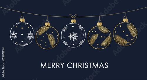 Elegant golden and white Christmas ornaments with snowflakes and foliage hang on a dark blue background wishing Merry Christmas