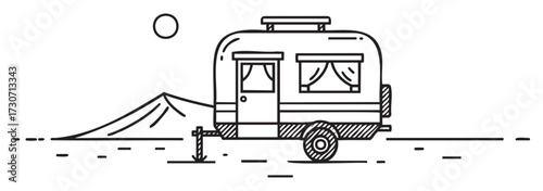 Minimalist line art of a camper trailer in desert landscape with mountains - stock vector
