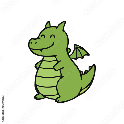 Friendly Green Cartoon Dragon. This cheerful illustration features a charming lime-hued mythical beast with a welcoming grin. It conveys innocence and playful adventure.
