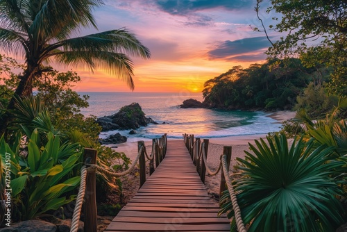 Tropical sunset beach with wooden boardwalk leading to the ocean