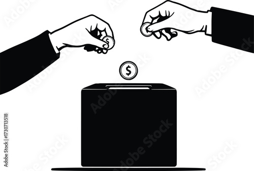 Donation Box Silhouette Vector Featuring Hands Dropping Coins and Dollar Symbol in Black and White Line Art Style
