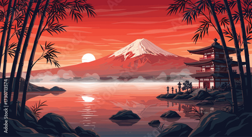 Stunning sunset paints Mount Fuji and serene Japanese pagoda in vibrant hues, creating a breathtaking vista with tranquil waters and bamboo