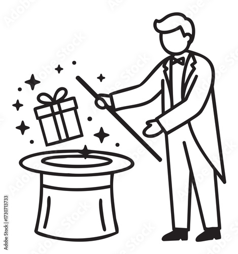 Magician performing tricks with top hat and gift box - stock vector