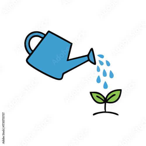 Watering Can Nurtures Young Plant. A vibrant drawing of a small azure vessel hydrating a budding verdant shoot. Symbolizes care, fresh starts, and environmental cultivation.