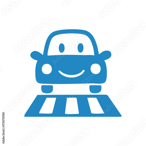 Happy Blue Car on Crosswalk Icon. This cheerful automobile illustrates safe travel. The smiling visage conveys a friendly journey, perfect for conveying road safety to kids.