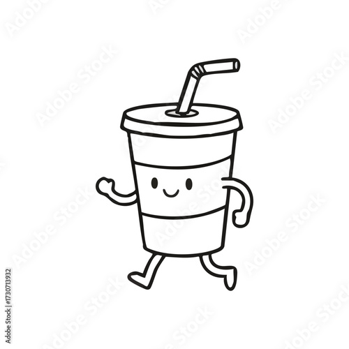 Smiling Drink Cup On The Go. This delightful outline drawing features a joyful beverage character taking a lively walk. It symbolizes energy, convenience, and refreshment.