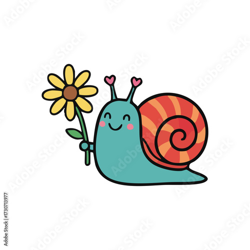 Sweet Snail with Flower Illustration. This adorable gastropod mascot joyfully extends a lovely bloom, symbolizing friendship and kindness. Perfect for children's designs.