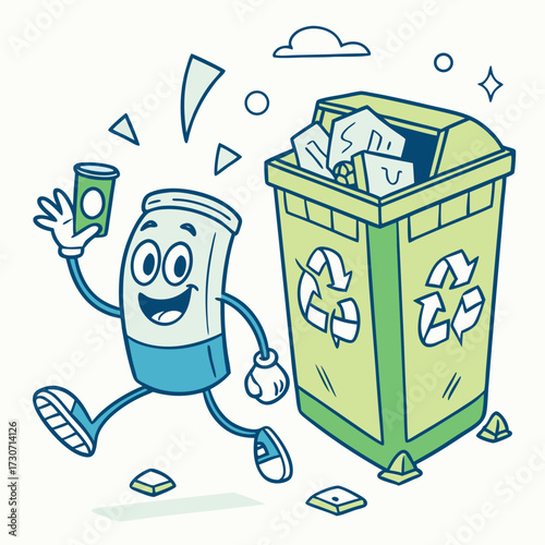 Anthropomorphic trash can character excitedly disposing recyclable items isolated on transparent background