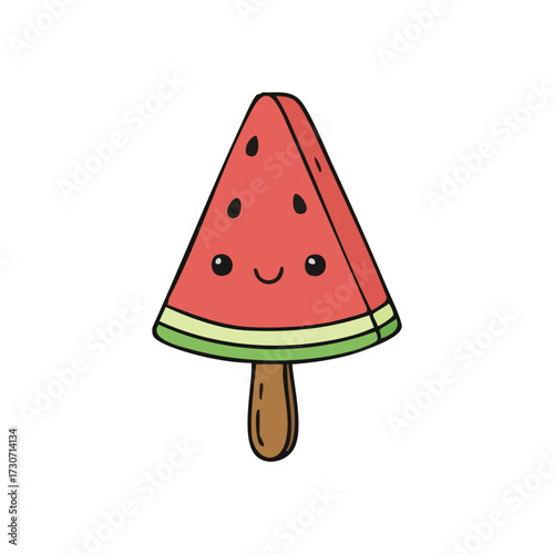 Cheerful Watermelon Slice Popsicle. This delightful fruity confection illustration exudes warmth and happiness, representing refreshing summer enjoyment and playful, sweet moments.