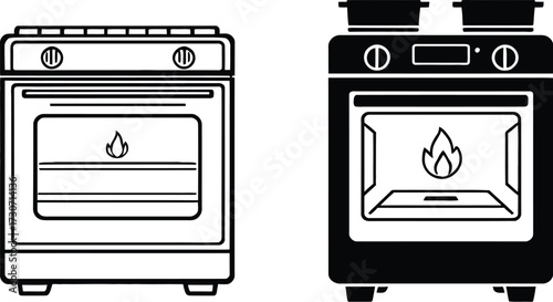 Gas Oven Icon Pair Vector Featuring Flame Symbol, Pots, and Control Panels in Black and White Line Art Appliance Style