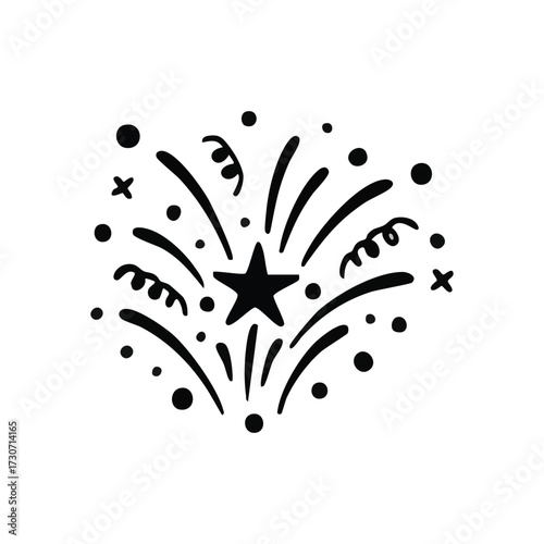 Festive Starburst Event Graphic. This delightful illustration showcases a central luminous shape emitting dynamic elements. It signifies enthusiasm, triumph, and joyous moments.