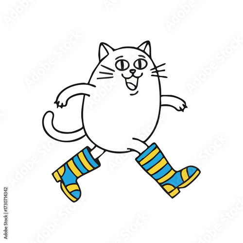 Feline Striding in Blue Yellow Boots. This whimsical drawing shows an elated animal stepping out. Its lively boots in radiant azure and golden tones suggest optimism and freedom.