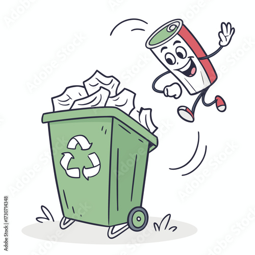 Cartoon can jumping into recycle bin representing waste management and sustainability concept isolated on transparent background