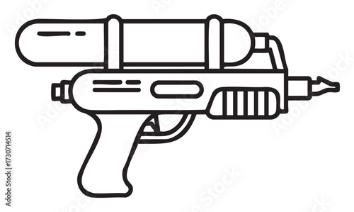 Black and white line art of water gun with large tank and trigger - stock vector