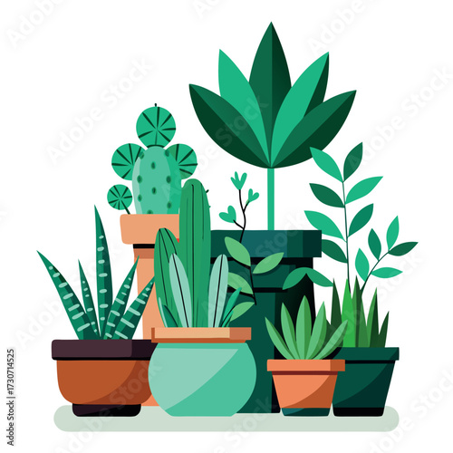 Create a colorful illustration of different potted indoor plants with various shapes, sizes, and leaves