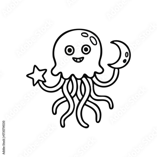 Whimsical Jellyfish Celestial Friends. A charming oceanic animal clutches a sparkling astral body and a lunar phase, symbolizing dreams, imagination, and nighttime wonder.