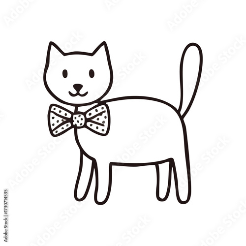 Playful Cat Doodle with Dapper Bow. Merry feline illustration featuring a smart dotted necktie. This whimsical sketch symbolizes happiness, friendship, and gentle companionship.