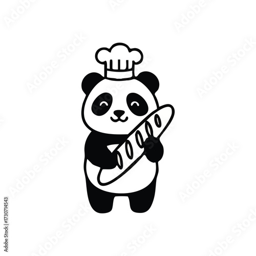 Cute Panda Baker Carries Fresh Baguette. An endearing illustration featuring a smiling panda in culinary headwear, proudly presenting a long loaf of baked goods. It conveys joy and a love for food.