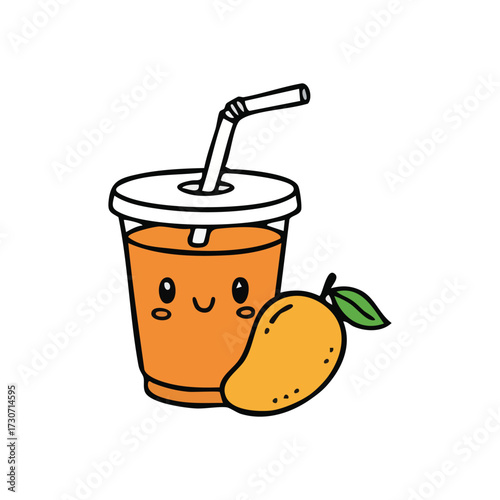 Cute Kawaii Mango Juice and Fruit. Adorable tropical beverage in a cup with a straw next to a ripe exotic produce. This delightful illustration evokes happiness and sweet refreshment.