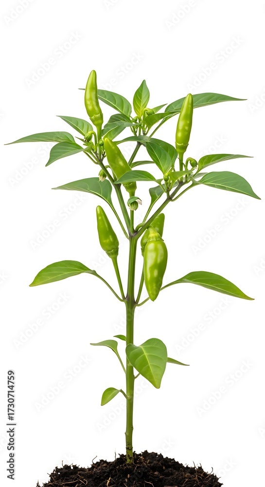 Fototapeta premium Chili Pepper Plant Growing in Soil.