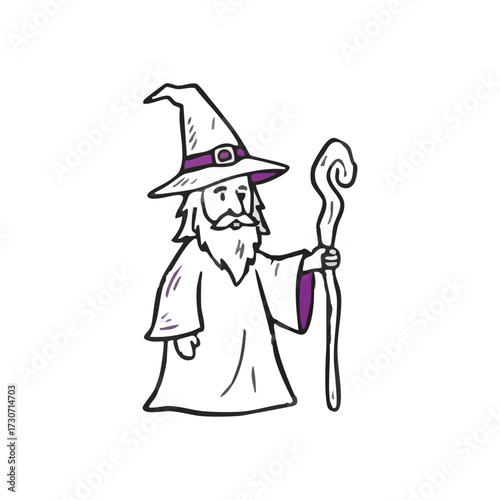 Ancient Sorcerer with Magical Staff. A whimsical drawing of a wise old magician holding his enchanted wooden stick. This mystical image symbolizes imagination and profound knowledge.