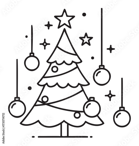 Black and white christmas tree with baubles and stars - stock vector