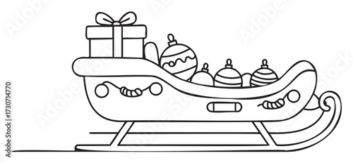 Festive christmas sleigh filled with gifts and baubles for holiday coloring fun - stock vector