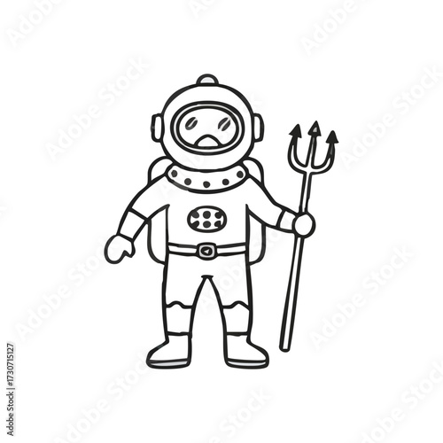 Retro Diver Character with Trident. Charming sketch portraying a classic underwater adventurer wielding a mythical three-pronged spear. Evokes ocean exploration, courage, and ancient legends.