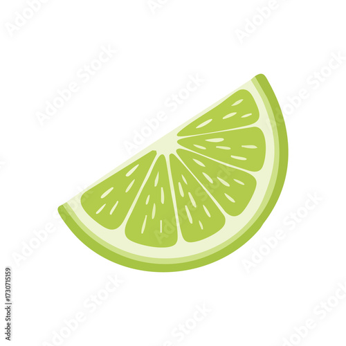 Zesty Green Citrus Wedge. This bright lime fruit portion, with its crisp hue, signifies refreshing flavor. Perfect for health, beverage, and summer-themed designs.