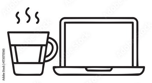 Outline of a steaming coffee cup beside an open laptop - stock vector
