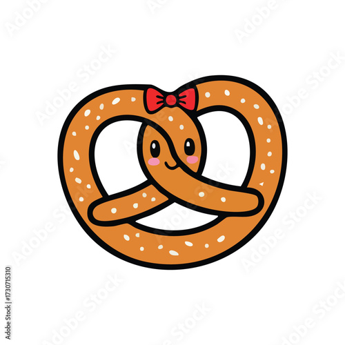 Charming Pretzel Character Illustration. A cheerful twisted pastry emblem radiates pure happiness, showcasing a friendly treat adorned with a tiny bow, ideal for culinary projects or festive designs.