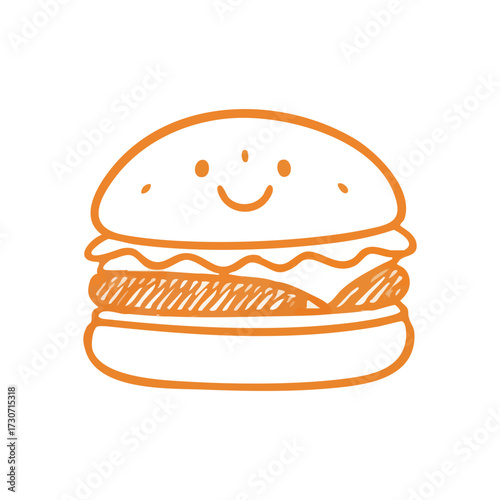Happy Burger Doodle Illustration. Adorable hand drawn orange sandwich with a cheerful smile, symbolizing happiness and deliciousness. Ideal for casual dining.