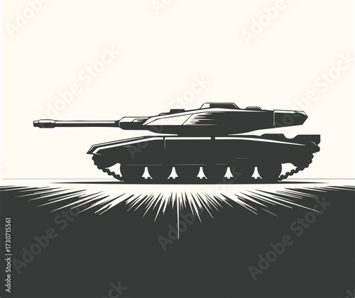 Vector art of a powerful modern battle tank with a long cannon and tracks, depicted in a stark silhouette against a light background, symbolizing military might and armored warfare