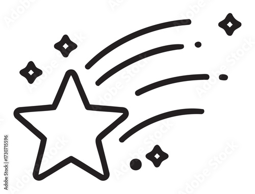 Minimalist shooting star and sparkles icon design in black and white - stock vector