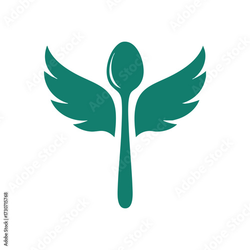 Winged Spoon Culinary Symbol. An elegant serving tool featuring aerial appendages evokes swift, wholesome provisions and superior gastronomic ventures. Symbolizes health and delightful fare.